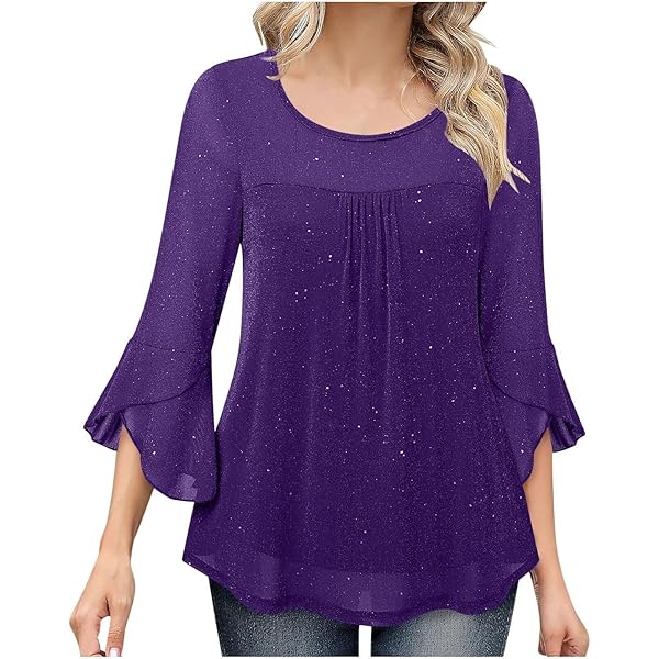 Women's Ruffle 3/4 Sleeve Elegant Dressy Blouses Crew Neck